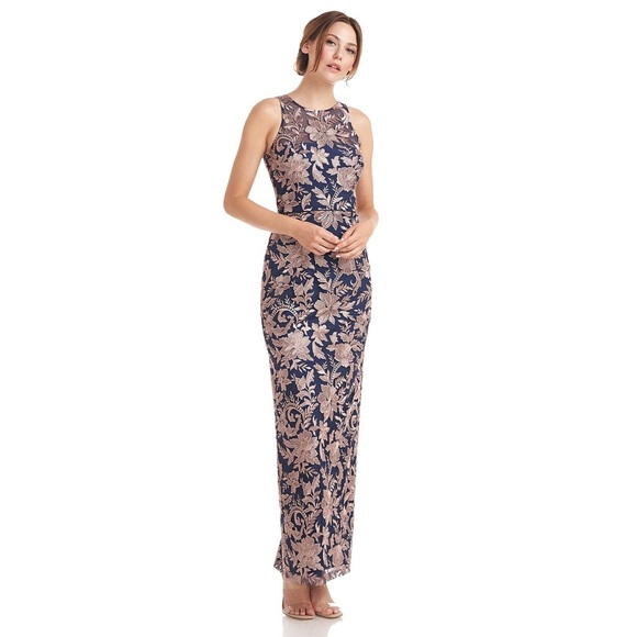 JS Collections - Embroidered Halter Gown - Latte/ Navy - Picture 1 of 15